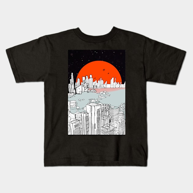 Vintage style alien planet city skyline - orange blue black Kids T-Shirt by ManoTakako